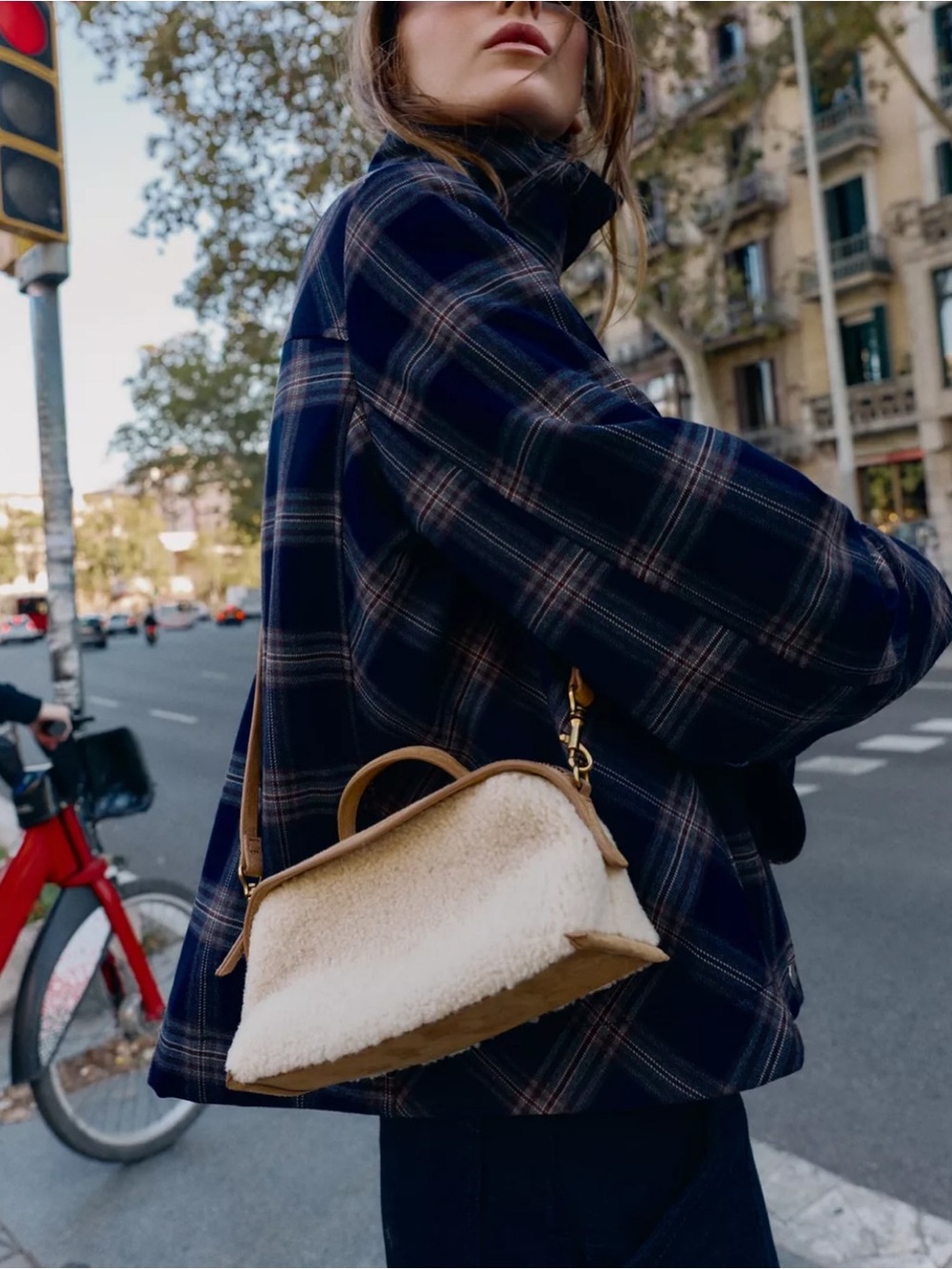 Zara Ecru Shearling Mini Crossbody with Suede handle Strap